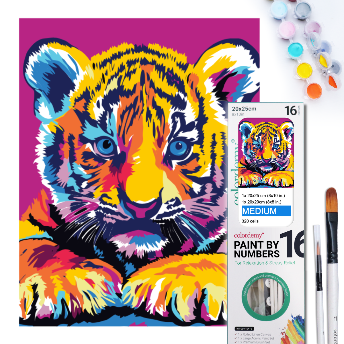 2-in-1 Paint by Numbers Kit - Rolled Canvases (20x25cm & 20x20cm), 16 Colours (Pop Party Palette - Tiger)