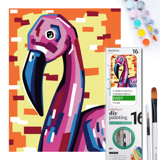 2-in-1 Paint by Numbers Kit - Rolled Canvases (20x25cm & 20x20cm), 16 Colours (Geometric Pop Art - Flamingo)