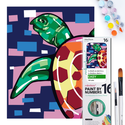 2-in-1 Paint by Numbers Kit - Rolled Canvases (20x25cm & 20x20cm), 16 Colours (Geometric Pop Art - Turtle)