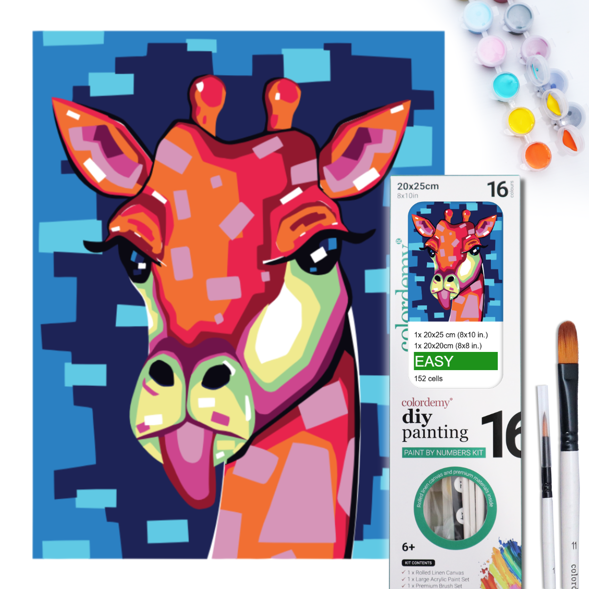 2-in-1 Paint by Numbers Kit - Rolled Canvases (20x25cm & 20x20cm), 16 Colours (Geometric Pop Art - Giraffe)