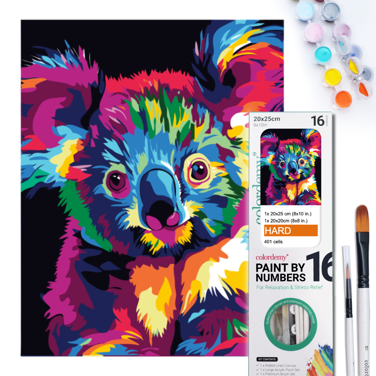 2-in-1 Paint by Numbers Kit - Rolled Canvases (20x25cm & 20x20cm), 16 Colours (Bold In Black - Koala)