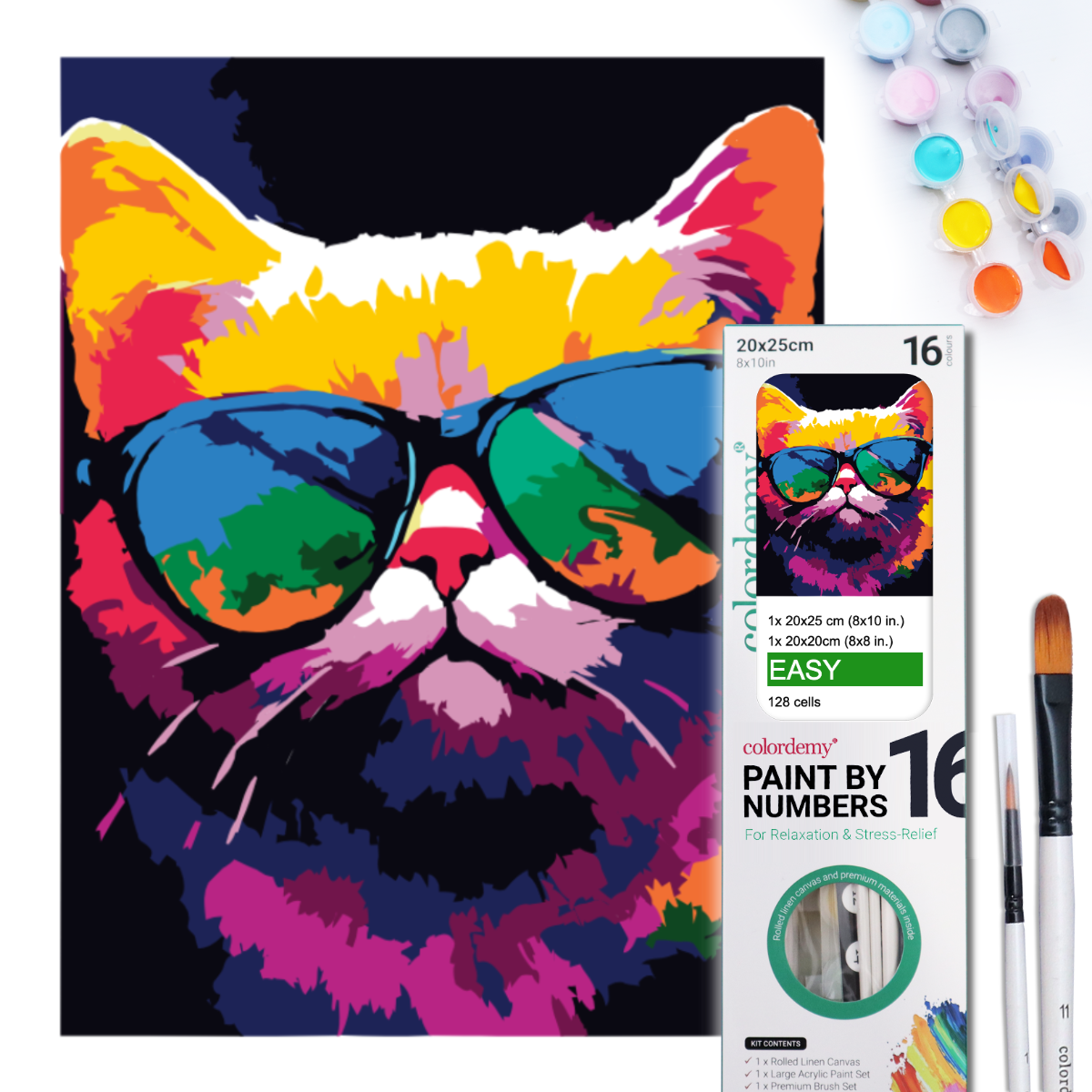 2-in-1 Paint by Numbers Kit - Rolled Canvases (20x25cm & 20x20cm), 16 Colours (Bold In Black - Fat Cat)