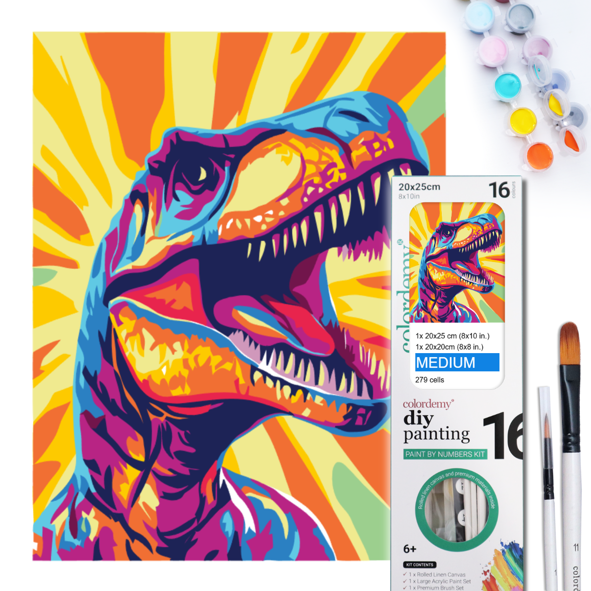 2-in-1 Paint by Numbers Kit - Rolled Canvases (20x25cm & 20x20cm), 16 Colours (Pop Party Palette - Dinosaur)