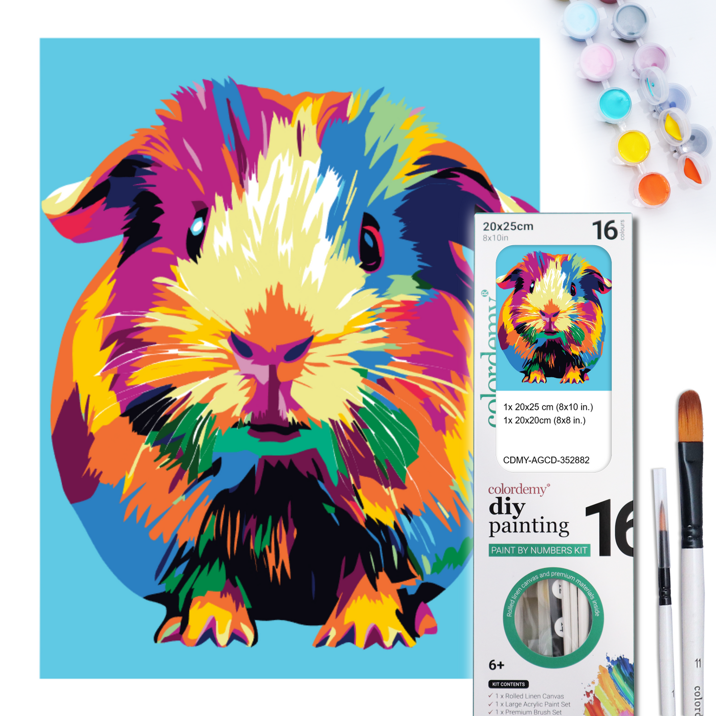 2-in-1 Paint by Numbers Kit - Rolled Canvases (20x25cm & 20x20cm), 16 Colours (Pop Party Palette - Guinea Pig)