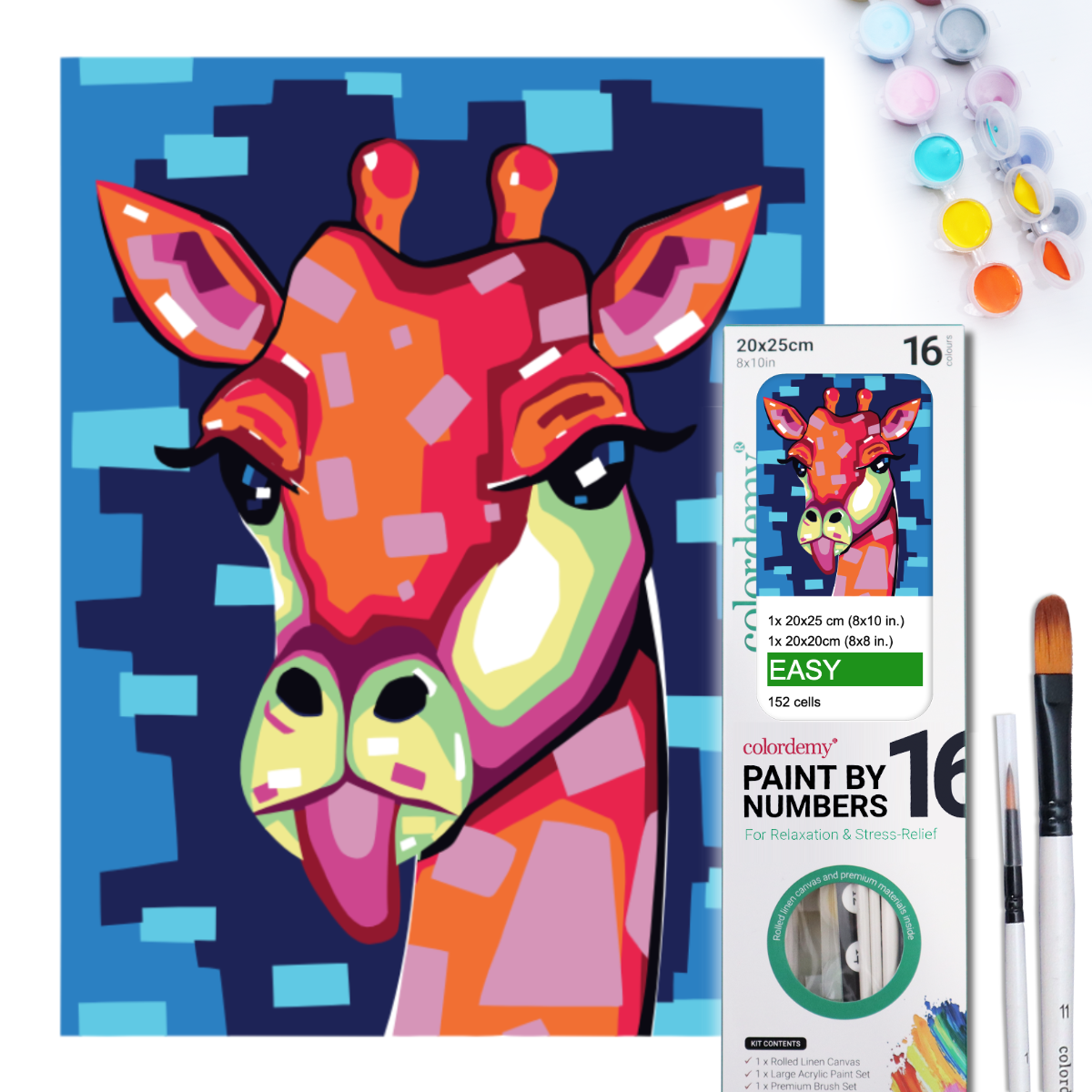 2-in-1 Paint by Numbers Kit - Rolled Canvases (20x25cm & 20x20cm), 16 Colours (Geometric Pop Art - Giraffe)