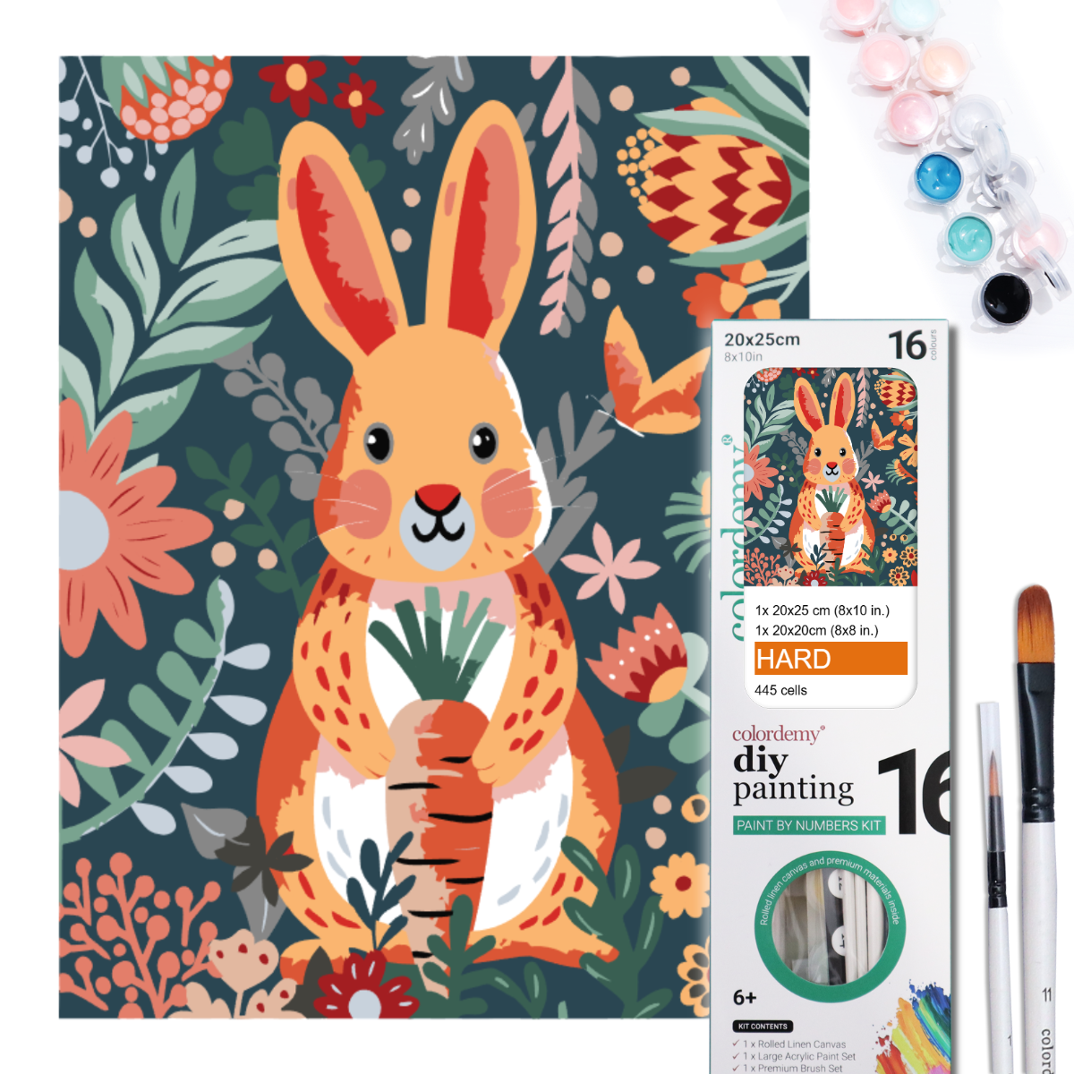 2-in-1 Paint by Numbers Kit - Rolled Canvases (20x25cm & 20x20cm), 16 Colours (Hue & Whimsy - Bunny)