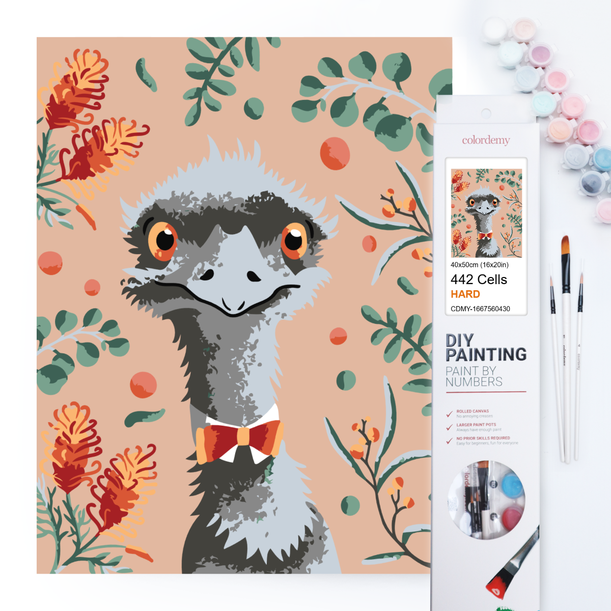 40x50cm Paint by Numbers kit:  Leafy Serenity: Simple Emu with Pink Background