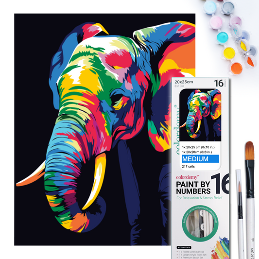 2-in-1 Paint by Numbers Kit - Rolled Canvases (20x25cm & 20x20cm), 16 Colours (Bold In Black - Elephant)