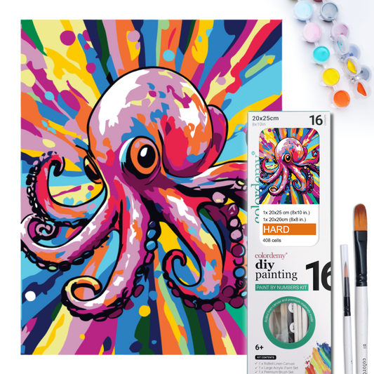 2-in-1 Paint by Numbers Kit - Rolled Canvases (20x25cm & 20x20cm), 16 Colours (Pop Party Palette - Octopus)