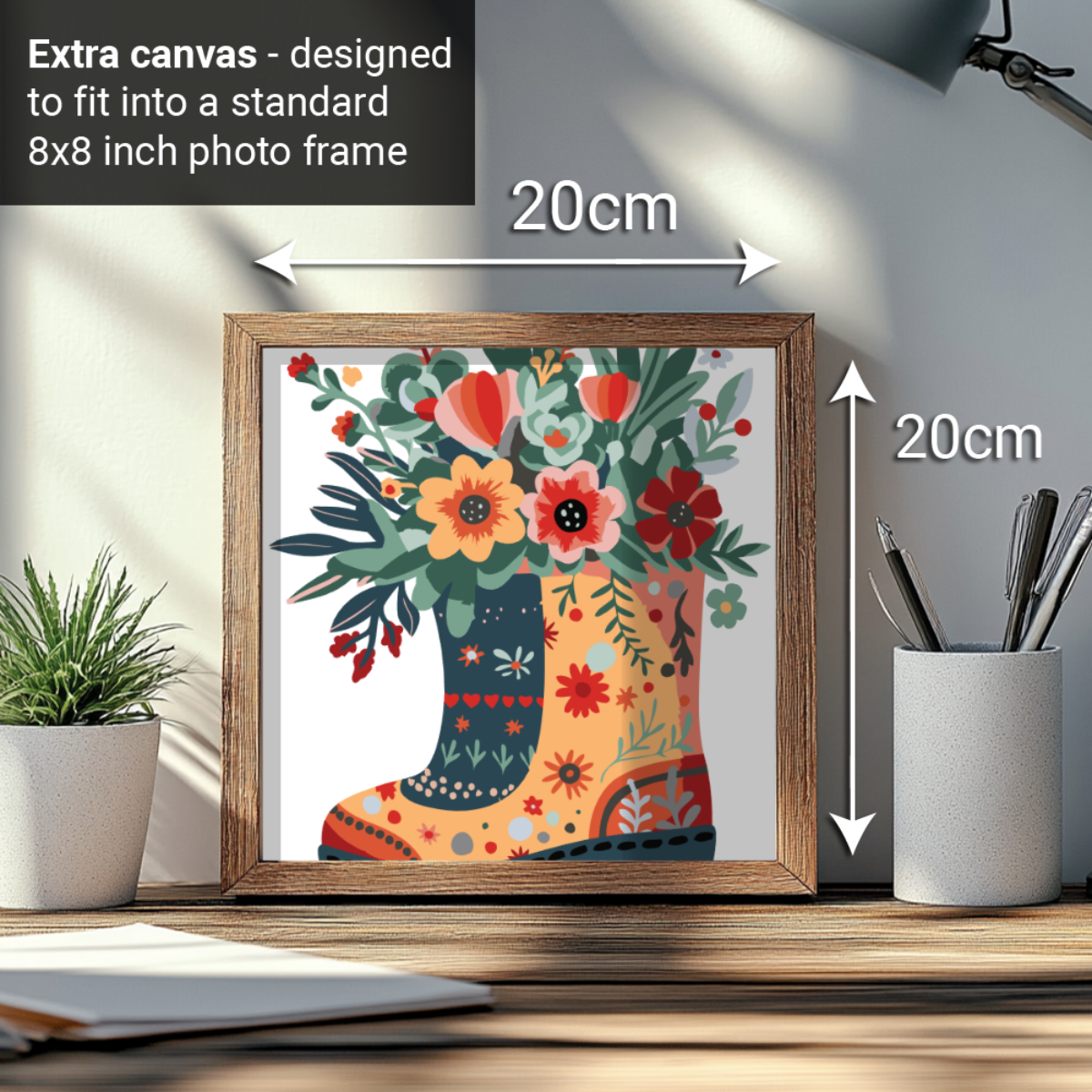 2-in-1 Paint by Numbers Kit - Rolled Canvases (20x25cm & 20x20cm), 16 Colours (Hue & Whimsy - Floral Boot)