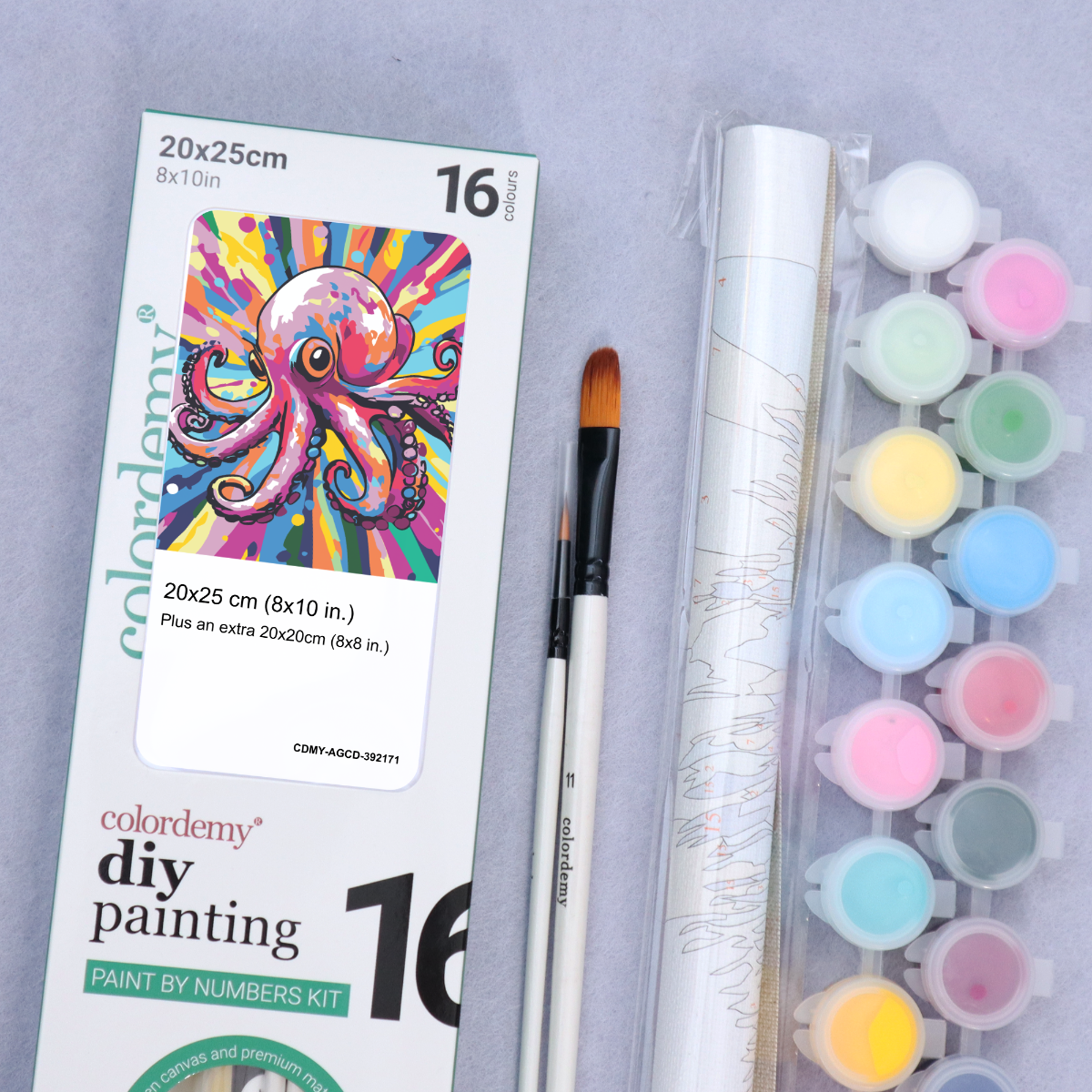 2-in-1 Paint by Numbers Kit - Rolled Canvases (20x25cm & 20x20cm), 16 Colours (Pop Party Palette - Octopus)