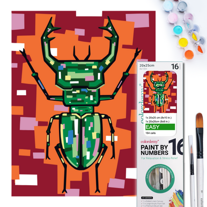 2-in-1 Paint by Numbers Kit - Rolled Canvases (20x25cm & 20x20cm), 16 Colours (Geometric Pop Art - Stag Beetle)