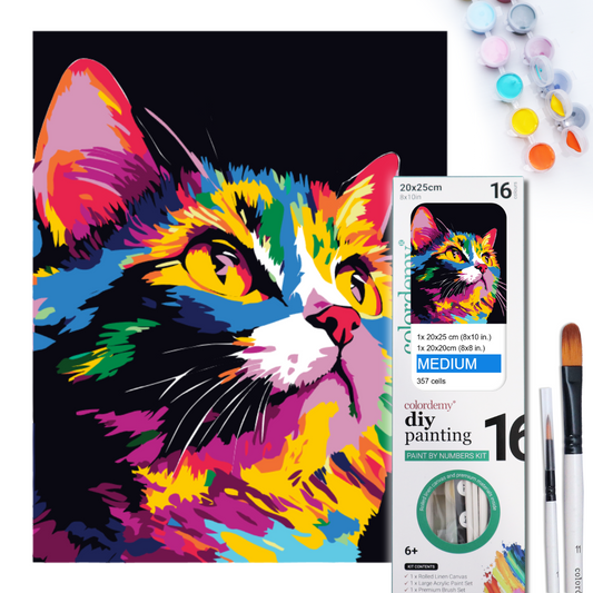 2-in-1 Paint by Numbers Kit - Rolled Canvases (20x25cm & 20x20cm), 16 Colours (Bold In Black - Cat)