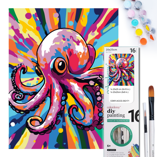 2-in-1 Paint by Numbers Kit - Rolled Canvases (20x25cm & 20x20cm), 16 Colours (Pop Party Palette - Octopus)