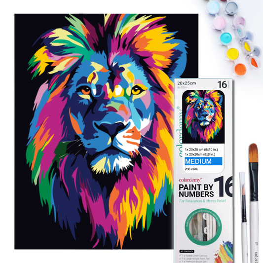 2-in-1 Paint by Numbers Kit - Rolled Canvases (20x25cm & 20x20cm), 16 Colours (Bold in Black - Lion)