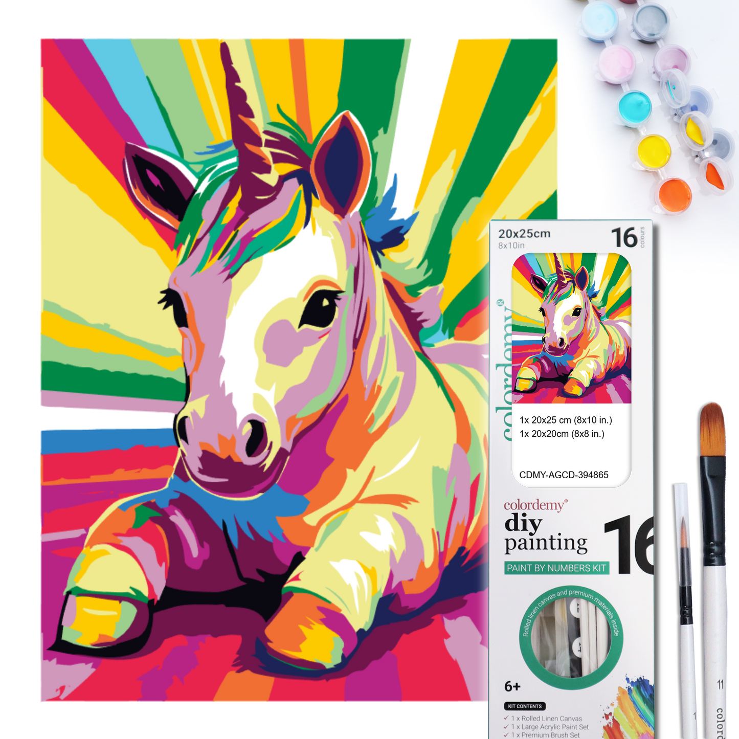 2-in-1 Paint by Numbers Kit - Rolled Canvases (20x25cm & 20x20cm), 16 Colours (Pop Party Palette - Unicorn)