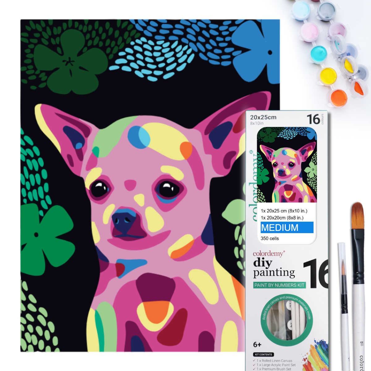 2-in-1 Paint by Numbers Kit - Rolled Canvases (20x25cm & 20x20cm), 16 Colours (Proud Little Paws - Chihuahua)