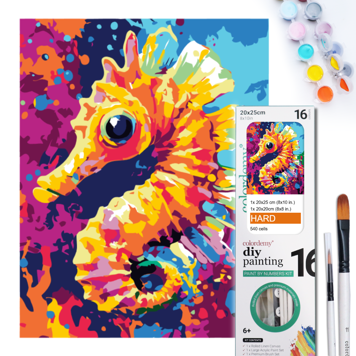 2-in-1 Paint by Numbers Kit - Rolled Canvases (20x25cm & 20x20cm), 16 Colours (Sea Life - Sea Horse)