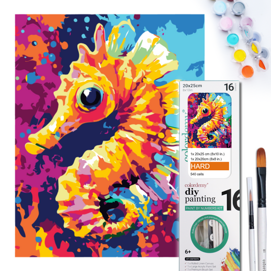 2-in-1 Paint by Numbers Kit - Rolled Canvases (20x25cm & 20x20cm), 16 Colours (Sea Life - Sea Horse)