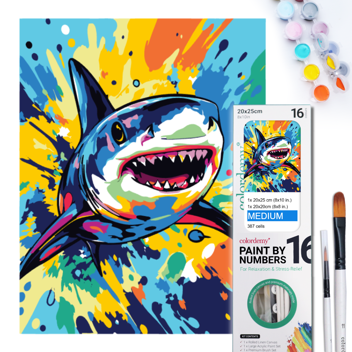 2-in-1 Paint by Numbers Kit - Rolled Canvases (20x25cm & 20x20cm), 16 Colours (Sea Life - Shark)