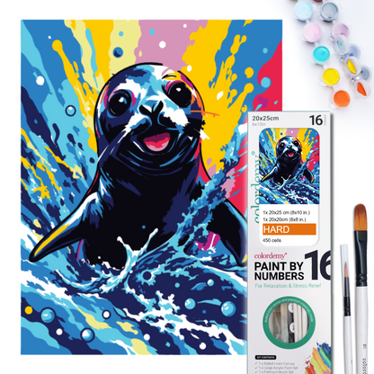 2-in-1 Paint by Numbers Kit - Rolled Canvases (20x25cm & 20x20cm), 16 Colours (Sea Life - Black Seal)
