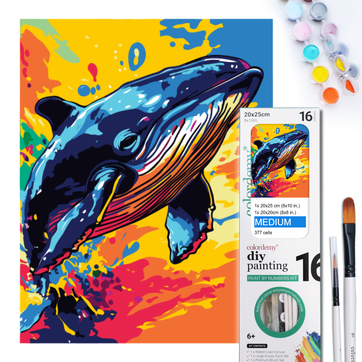 2-in-1 Paint by Numbers Kit - Rolled Canvases (20x25cm & 20x20cm), 16 Colours (Sea Lfe - Whale)