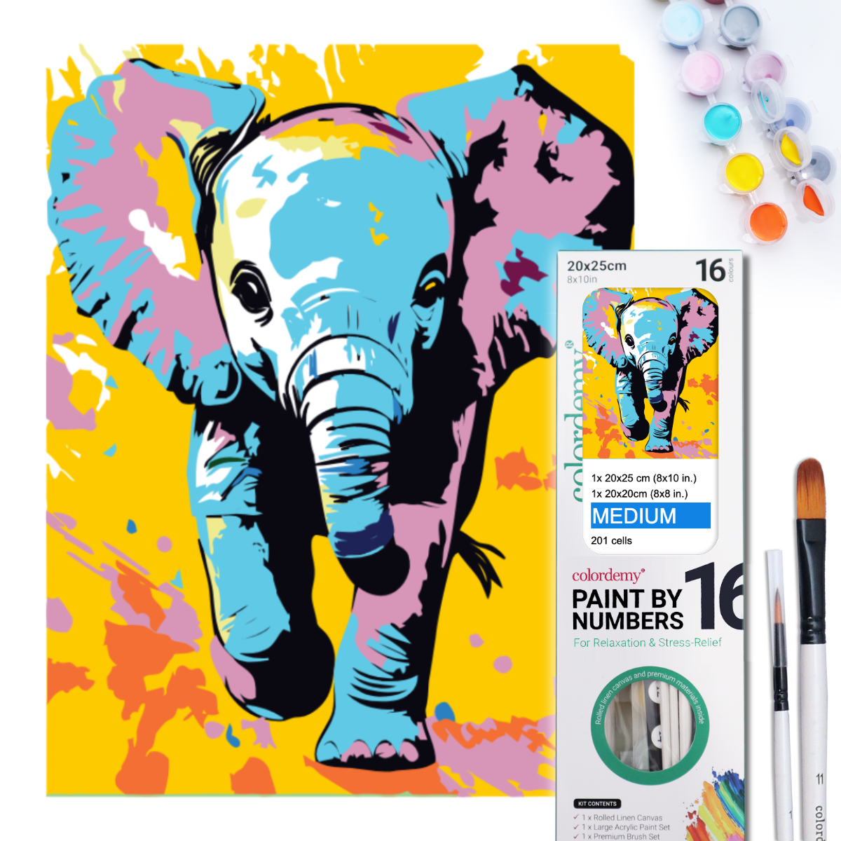 2-in-1 Paint by Numbers Kit - Rolled Canvases (20x25cm & 20x20cm), 16 Colours (Pop Party Palette - Elephant)