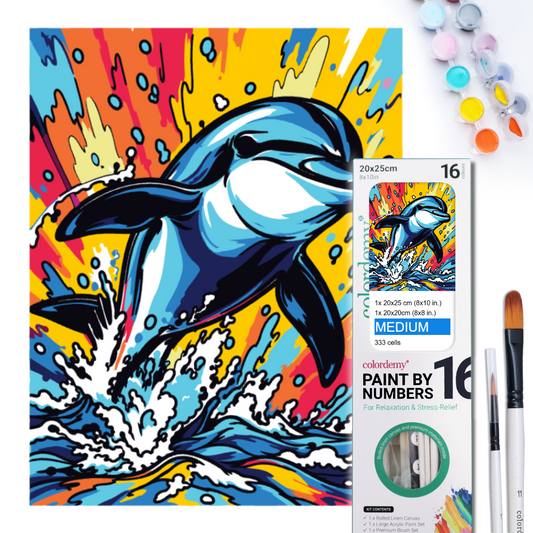 2-in-1 Paint by Numbers Kit - Rolled Canvases (20x25cm & 20x20cm), 16 Colours (Sea Life - Dolphin)