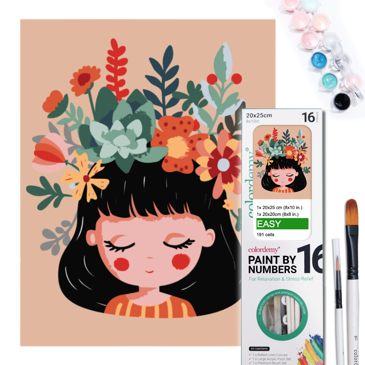 2-in-1 Paint by Numbers Kit - Rolled Canvases (20x25cm & 20x20cm), 16 Colours (Little Girl)