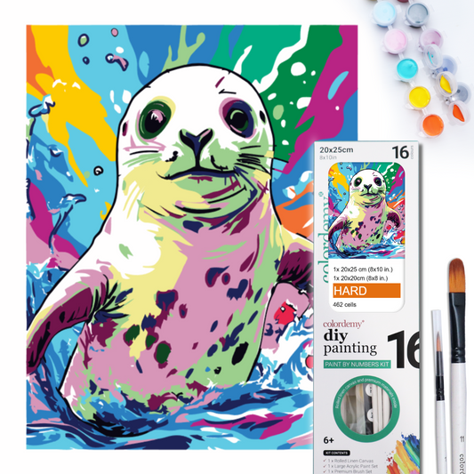 2-in-1 Paint by Numbers Kit - Rolled Canvases (20x25cm & 20x20cm), 16 Colours (Sea Life - Seal)