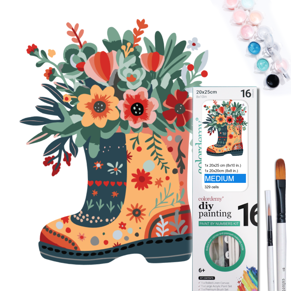 2-in-1 Paint by Numbers Kit - Rolled Canvases (20x25cm & 20x20cm), 16 Colours (Hue & Whimsy - Floral Boot)