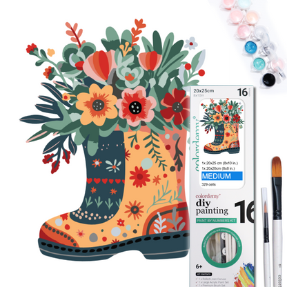 2-in-1 Paint by Numbers Kit - Rolled Canvases (20x25cm & 20x20cm), 16 Colours (Hue & Whimsy - Floral Boot)