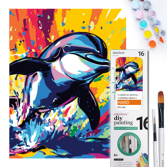 2-in-1 Paint by Numbers Kit - Rolled Canvases (20x25cm & 20x20cm), 16 Colours (Sea Life - Dolphin)