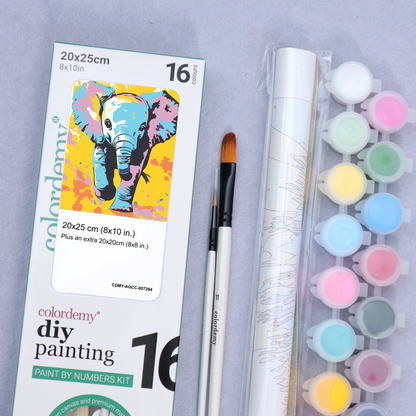 2-in-1 Paint by Numbers Kit - Rolled Canvases (20x25cm & 20x20cm), 16 Colours (Pop Party Palette - Elephant)