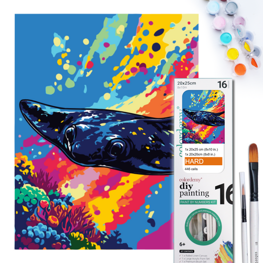 2-in-1 Paint by Numbers Kit - Rolled Canvases (20x25cm & 20x20cm), 16 Colours (Sea Life - Stingray)