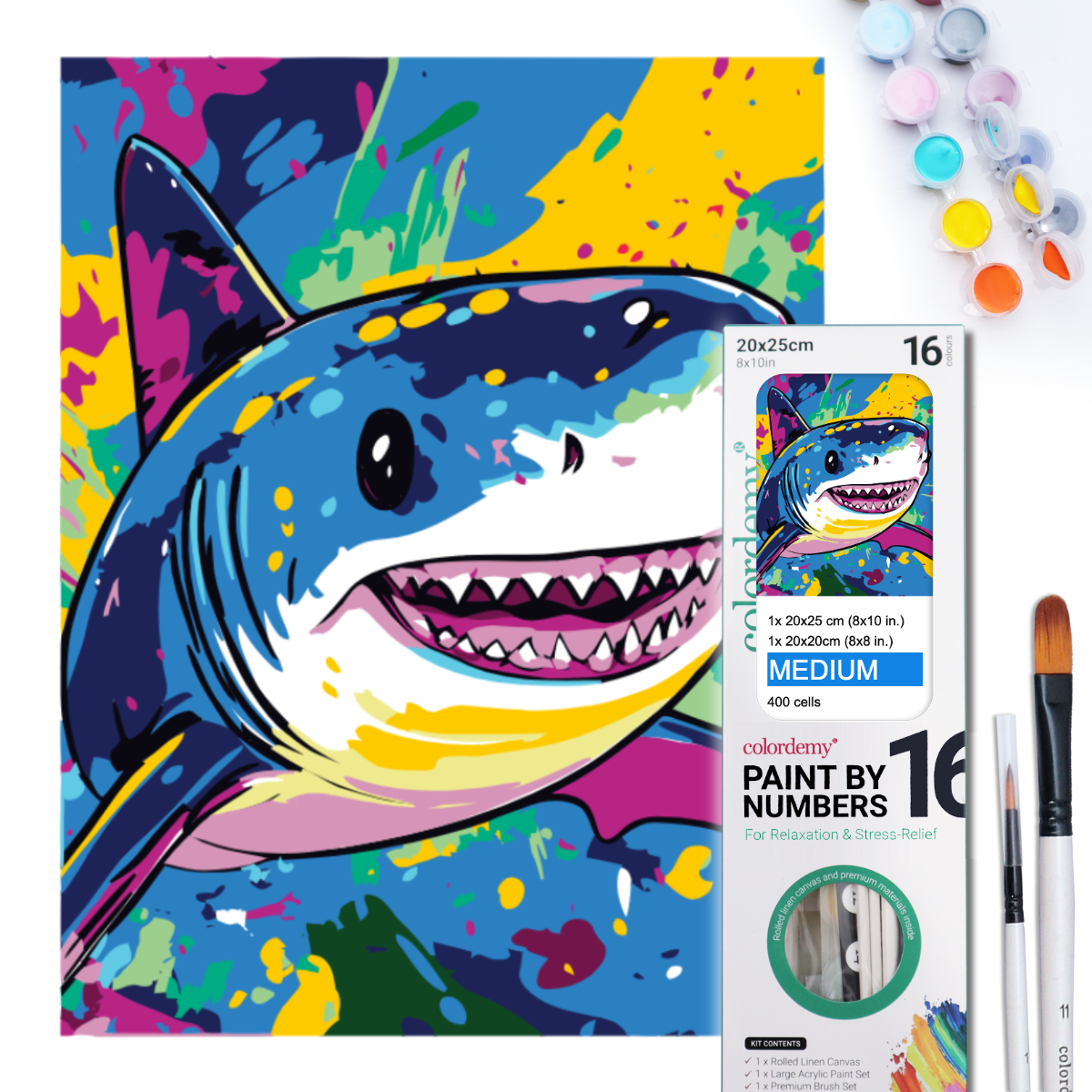 2-in-1 Paint by Numbers Kit - Rolled Canvases (20x25cm & 20x20cm), 16 Colours (Pop Party Palette - Shark)