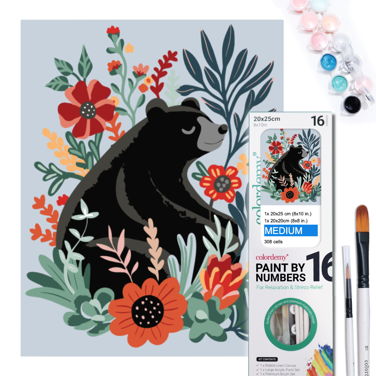 2-in-1 Paint by Numbers Kit - Rolled Canvases (20x25cm & 20x20cm), 16 Colours (Hue & Whimsy - Bear)