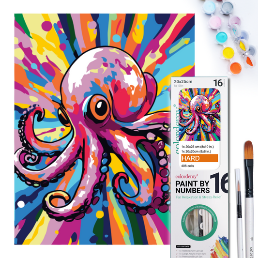 2-in-1 Paint by Numbers Kit - Rolled Canvases (20x25cm & 20x20cm), 16 Colours (Pop Party Palette - Octopus)