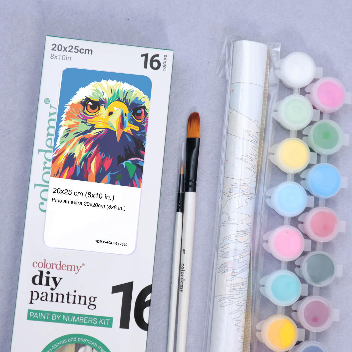 2-in-1 Paint by Numbers Kit - Rolled Canvases (20x25cm & 20x20cm), 16 Colours (Pop Party Palette - Eagle)