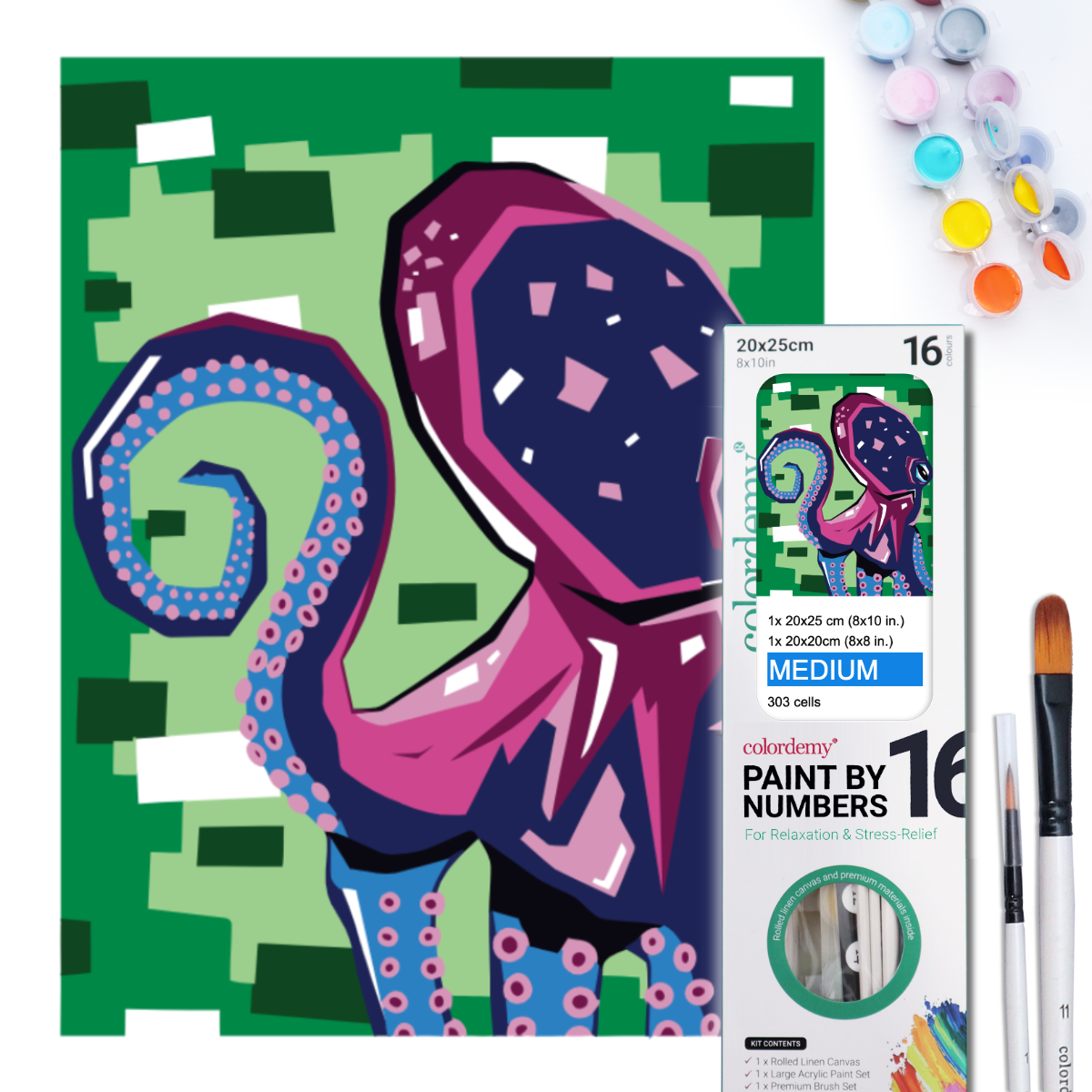 2-in-1 Paint by Numbers Kit - Rolled Canvases (20x25cm & 20x20cm), 16 Colours (Geometric Pop Art - Octopus)