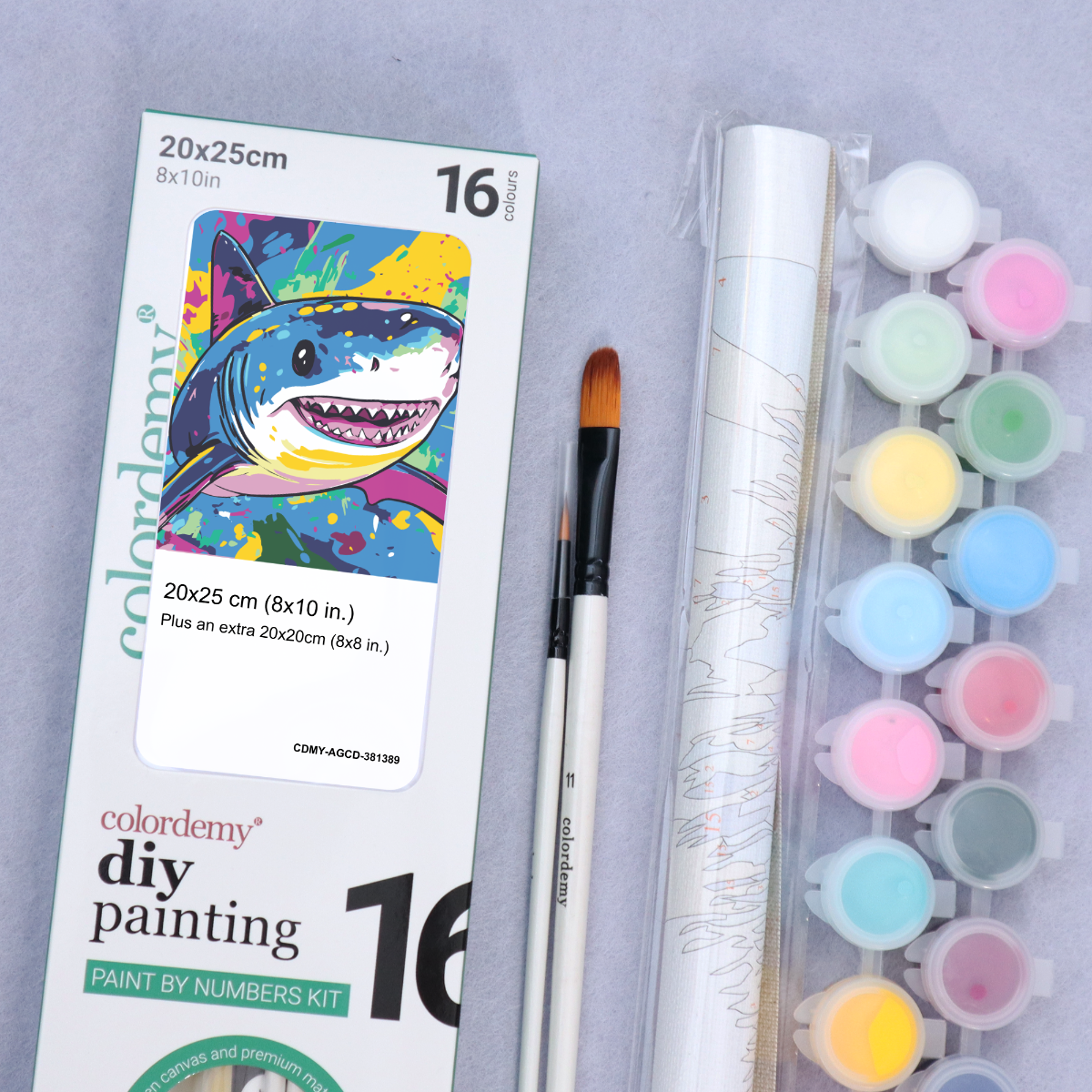 2-in-1 Paint by Numbers Kit - Rolled Canvases (20x25cm & 20x20cm), 16 Colours (Pop Party Palette - Shark)