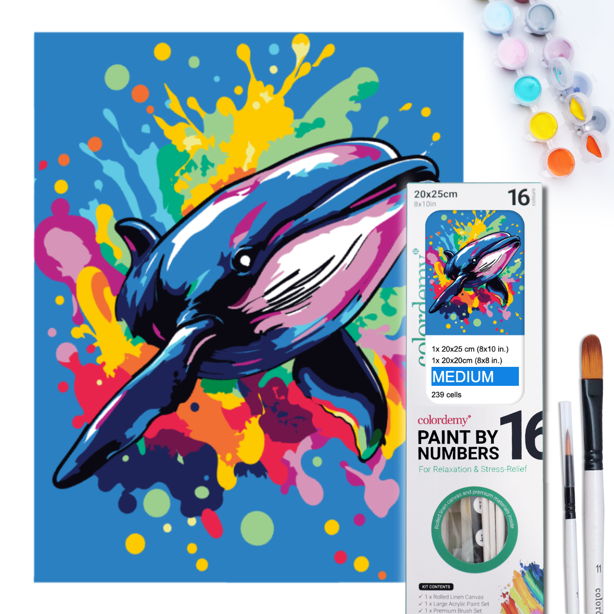 2-in-1 Paint by Numbers Kit - Rolled Canvases (20x25cm & 20x20cm), 16 Colours (Pop Party Palette - Baby Whale)