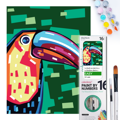 2-in-1 Paint by Numbers Kit - Rolled Canvases (20x25cm & 20x20cm), 16 Colours (Geometric Pop Art - Toucan)