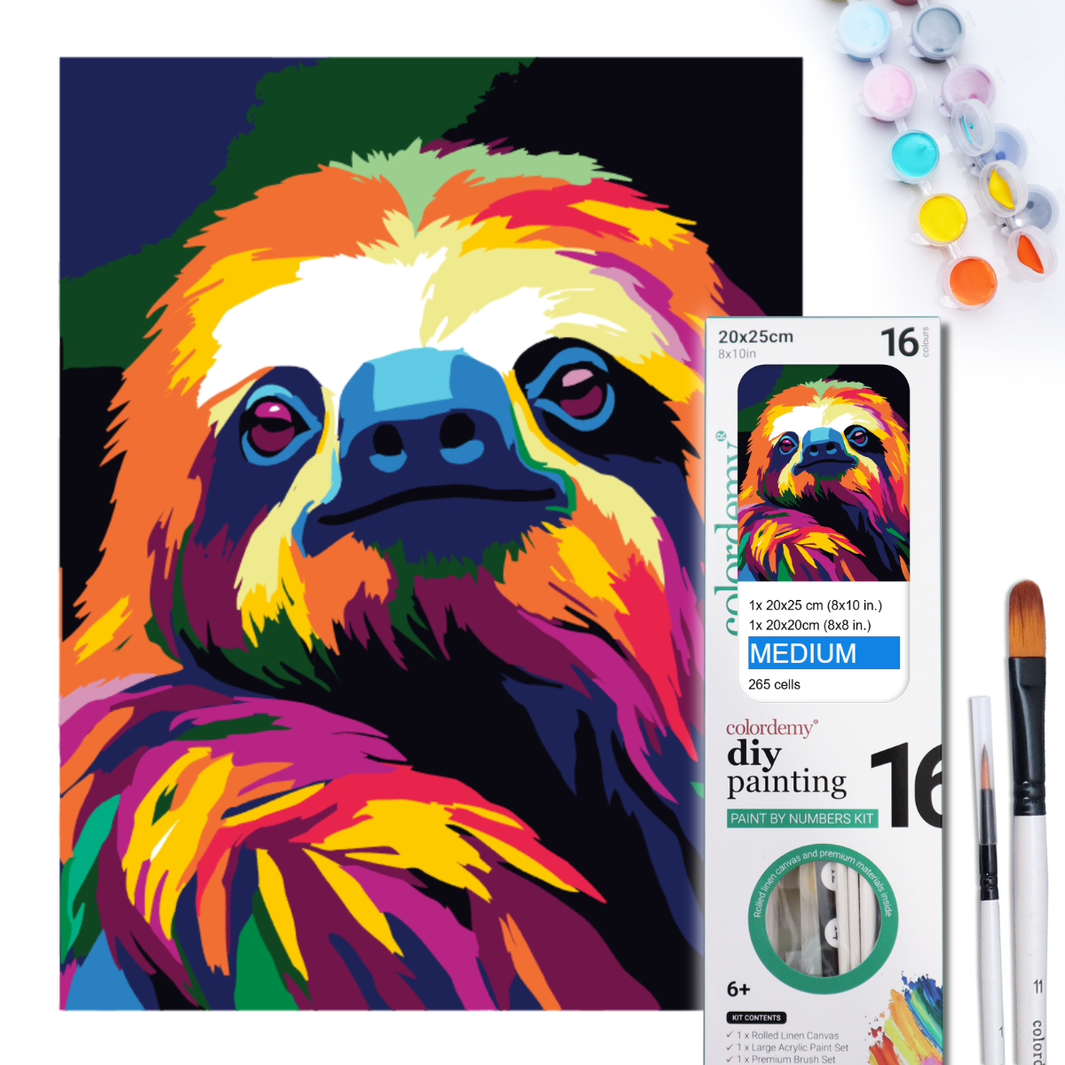 2-in-1 Paint by Numbers Kit - Rolled Canvases (20x25cm & 20x20cm), 16 Colours (Sloth)