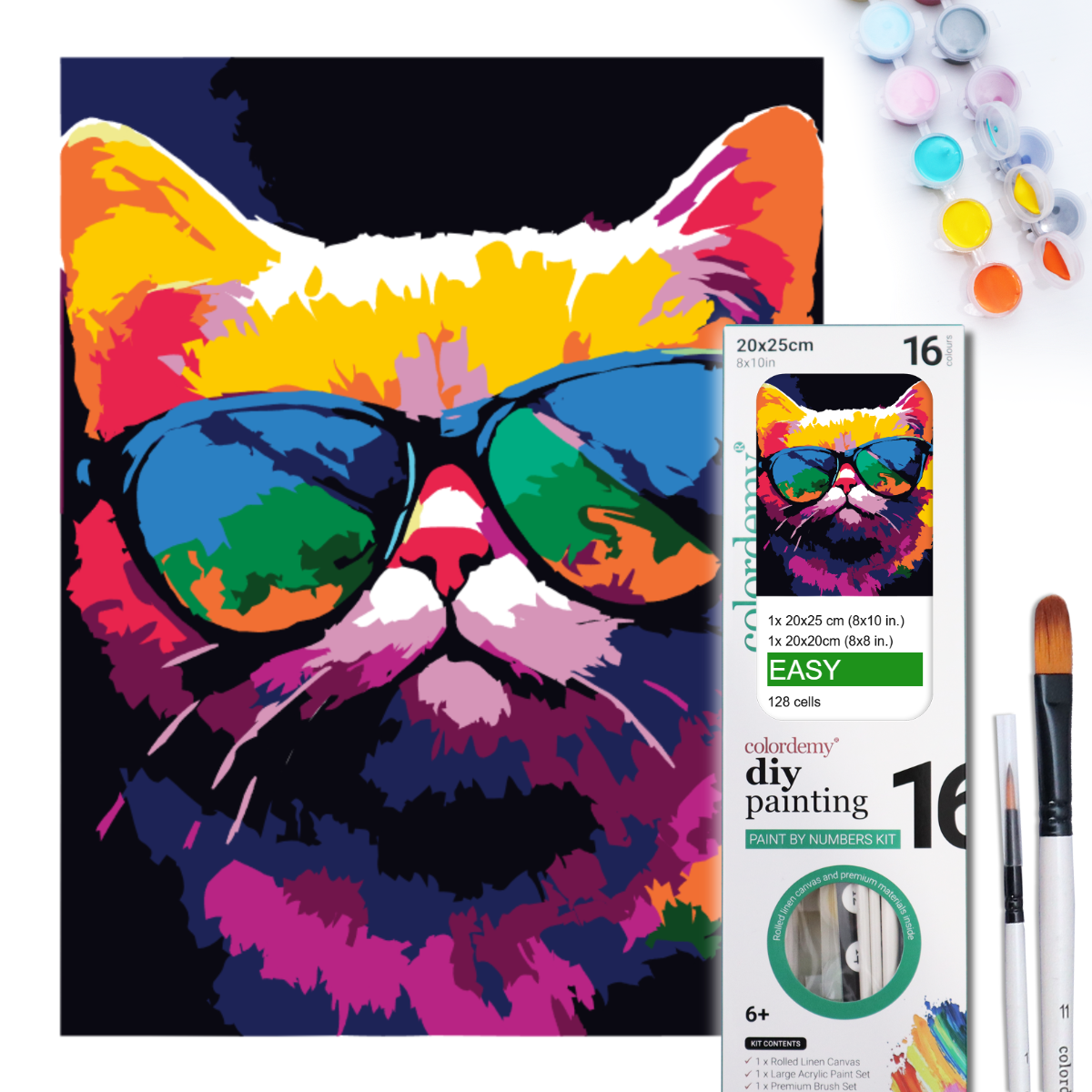 2-in-1 Paint by Numbers Kit - Rolled Canvases (20x25cm & 20x20cm), 16 Colours (Bold In Black - Fat Cat)