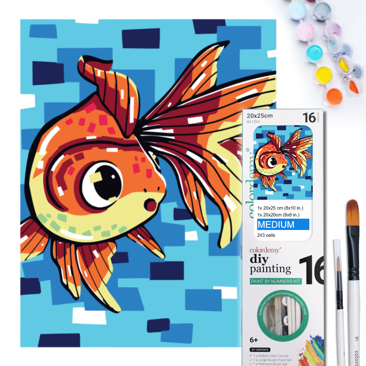 2-in-1 Paint by Numbers Kit - Rolled Canvases (20x25cm & 20x20cm), 16 Colours (Geometric Pop Art - Goldfish)