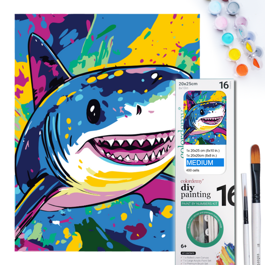 2-in-1 Paint by Numbers Kit - Rolled Canvases (20x25cm & 20x20cm), 16 Colours (Pop Party Palette - Shark)