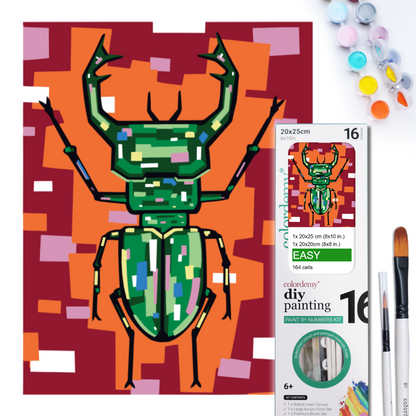 2-in-1 Paint by Numbers Kit - Rolled Canvases (20x25cm & 20x20cm), 16 Colours (Geometric Pop Art - Stag Beetle)