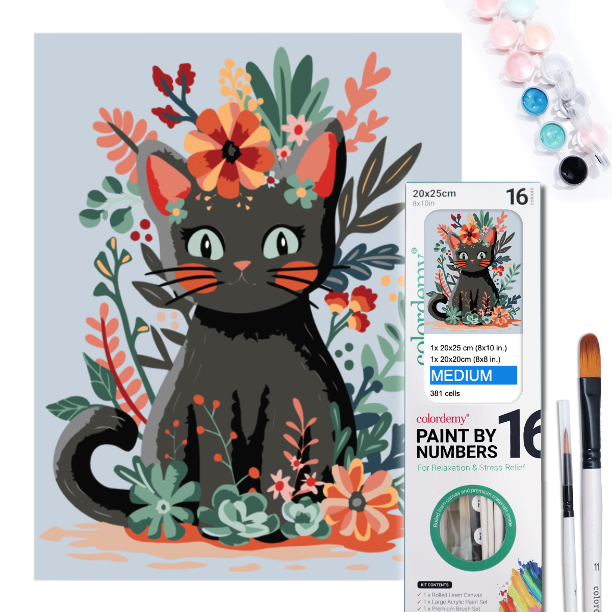2-in-1 Paint by Numbers Kit - Rolled Canvases (20x25cm & 20x20cm), 16 Colours (Hue & Whimsy Collection - Flower Crown Kitty)
