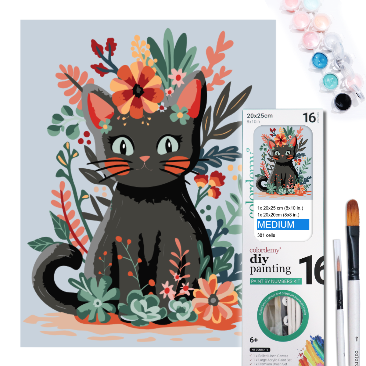 2-in-1 Paint by Numbers Kit - Rolled Canvases (20x25cm & 20x20cm), 16 Colours (Hue & Whimsy Collection - Flower Crown Kitty)